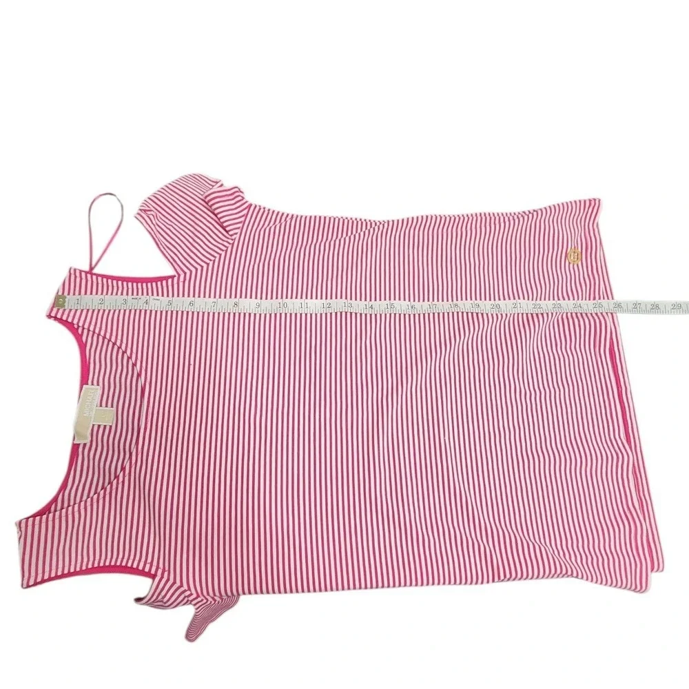 Michael‎ Kors Pink White Striped Cold Shoulder Ruffle Top Large MK Logo Charm